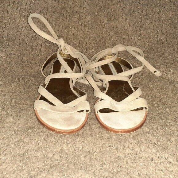 CYNTHIA VINCENT-Patience-Latte Suede-Ties-Mini Wedge Flat Sandals-Sz 8-Excellent - Picture 3 of 5